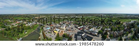 An aerial panorama scene of downtown New Hamburg, Ontario, Canada