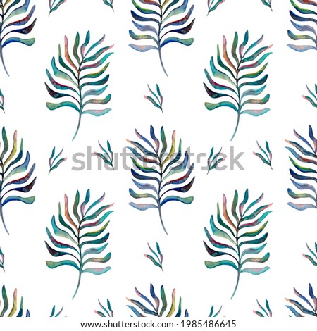 Bright tropical motifs, juicy patterns from the drawn watercolor leaves. Trending tropical designs for fashion and textiles. Watercolor leaves. Palm leaves.