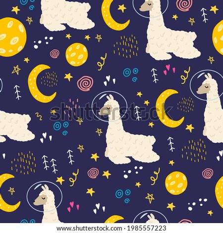 Seamless pattern with a llama in space. Vector illustration with space, stars, lama, moon. Flat doodle style. Design of the children's room. Cute pattern with an alpaca in the sky.