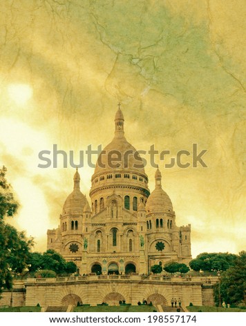 Sacre-Coeur basilica (Basilica of the Sacred Heart of Jesus), Montmartre, Paris. Grunge style photo.  