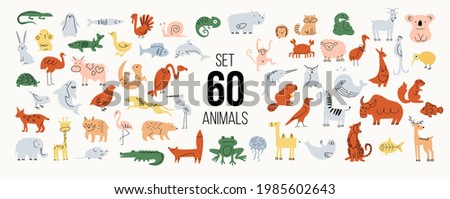 A set of minimalistic animals in muted colors. There are 64 animals in the collection: birds, fish, and mammals. The animals are made with a single color spot with lines on top. The graphics are flat,
