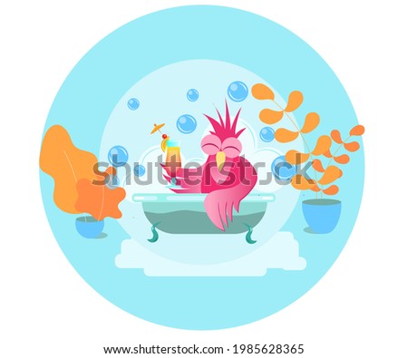 Flamingo bathing and having a good time in a bath with cocktail, recreation, enjoynment, splendid time on vacation. High quality photo
