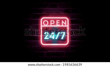 Neon sign Open 24 7 light background. Realistic glowing shining design element for open 24 hours sign Hours Club, Bar, Cafe 7 days
 Royalty-Free Stock Photo #1985636639