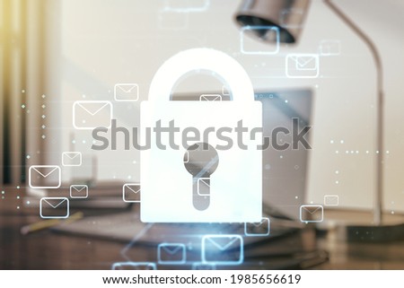 Cyber security creative concept with email icons on modern laptop background. Double exposure
