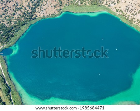 Aerial top view by drone of Kournas lake on Crete island. Greece.