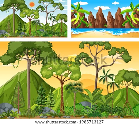 Different nature horizontal scenes in cartoon style illustration