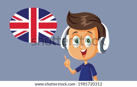 Little Boy Wearing Headphones Learning English Pronunciation. Schoolboy taking online internet courses with virtual coach studying foreign language
