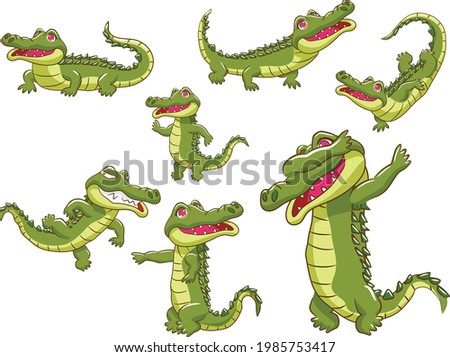 Cute crocodile in various positions vector illustration.