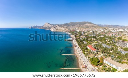 Sudak, Crimea. Genoese fortress. View of the city beaches of Sudak from the Black Sea. Aerial view Royalty-Free Stock Photo #1985775572