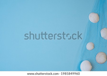 Delicate nautical border with fishing blue net, seashells on blue paper background, with space for text