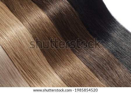 Closeup Texture of A Collection of Different Colors of Pre Bonded Straight Stick Nail Tip (U tip fusion) Human Hair Extensions Royalty-Free Stock Photo #1985854520