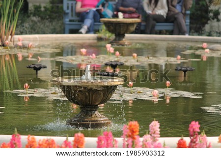 Small fountains in a garden pond with emerging stones and pink lotus flowers, with blurry pink flowers in foreground and blurry grass and people sitting on a bench in background