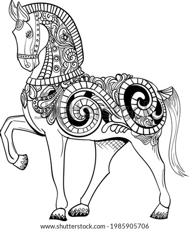 ARTISTIC HORSE VECTOR LINE ART ILLUSTRATION BLACK AND WHITE CLIP ART WITH ARTISTIC HENNA FLORAL DESIGN PATTERN. INDIAN DECORATED WEDDING HORSE CLIP ART LINE DRAWING ILLUSTRATION.