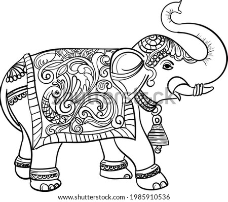 ARTISTIC ELEPHANT VECTOR LINE ART ILLUSTRATION BLACK AND WHITE CLIP ART ARTISTIC HENNA AND FLORAL DESIGN PATTERN. INDIAN WEDDING SYMBOL DECORATED ELEPHANT CLIP ART LINE DRAWING.