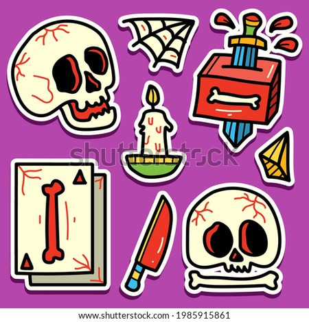 kawaii cartoon skull tattoo sticker vector design