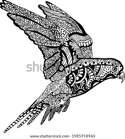 Artistic Bird (parrot design) Vector Illustration line drawing. Indian bird black and white clip art line drawing. Bird filled with artistic henna design illustration.