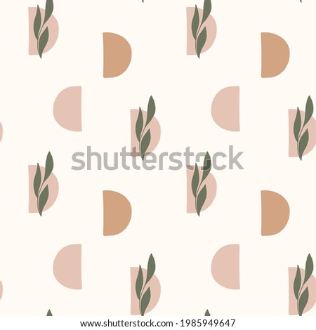 Abstract shapes and leaves seamless pattern. Doodle digital paper. Vector illustration. Royalty-Free Stock Photo #1985949647