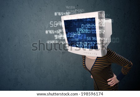 Human monitor pc calculating computer data on a blue screen
