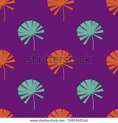 Blue and orange colored palm licuala hand drawn seamless pattern. Purple bright background. Decorative backdrop for fabric design, textile print, wrapping, cover. Vector illustration.