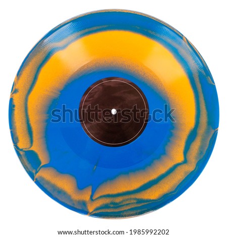 Blue and orange swirl vinyl record isolated on white background Royalty-Free Stock Photo #1985992202