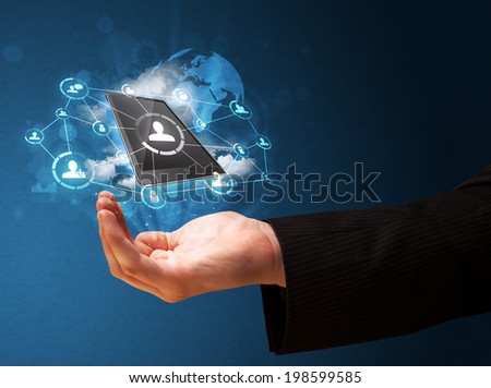 Businessman presenting cloud technology in his palm