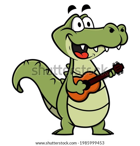 Funny Alligator cartoon character playing ukulele guitars and singing, suitable for mascot, sticker, or decoration with music themes of children