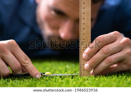 Compulsive Obsessive Disorder. Perfectionist Measuring Garden Grass Royalty-Free Stock Photo #1986023936