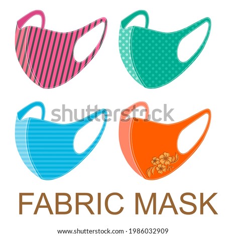 A set of colorful Fabric mask isolated on white background. To prevent pm 2.5 dust pollution. They’re various colors and pattern. Concept about health, allergies, hygiene, disease and etc.