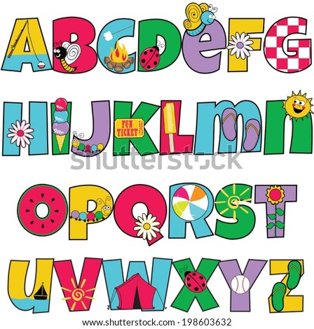 Colorful kids alphabet with summer themed letters