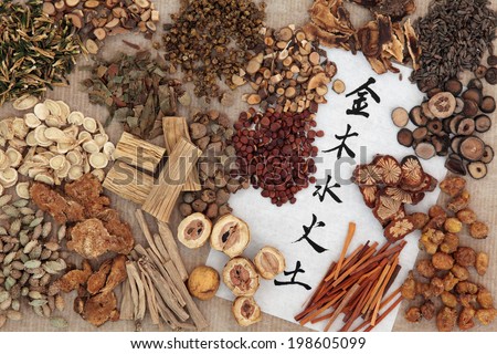 Five elements chinese calligraphy script on rice paper with herbal medicine selection. Wu xing. Translation top to bottom metal, wood, water, fire, earth. Royalty-Free Stock Photo #198605099