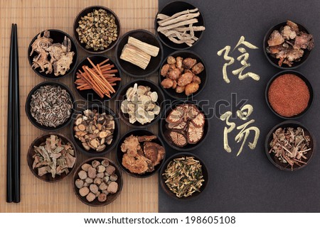 Chinese herbal medicine with yin and yang calligraphy script over bamboo. Translation reads as yin yang.
