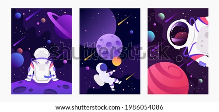 Set of dark space banners. Astronaut in space. Planets of the solar system. Space travel and exploration. Set of cartoon vector templates for  cards, flyers, brochures. Royalty-Free Stock Photo #1986054086