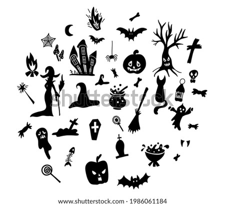 Hand drawn Halloween traditional symbols. Doodle style illustrations: carved pumpkin, spider webs, witch on a broom, bat, zombie hands, skulls, magic potion pot. Isolated vector on white.