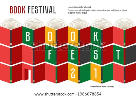 Banner for book festival. Open multi colored books on bookshelf. Vector minimalist background for invitation, banner, flayer. Design template for a library, education theme, conference. Open door.