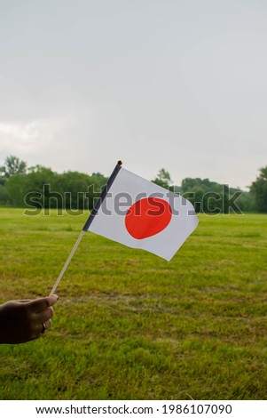 Japan hand flag on green meadow. National flag