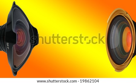 Fish-eye camera lens and gold lens isolated with clipping path