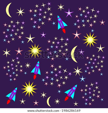 Cosmos pattern. Moon sickles, Suns, Rockets, multicolored stars on dark purple background
