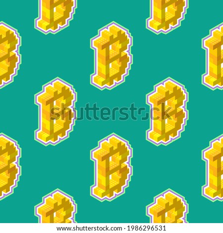 Bitcoin sign consisting of yellow blocks in isometric view on a green background. Seamless pattern. Vector illustration.