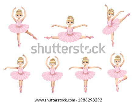 Set of cute little ballerina in a pink tutu and pointe shoes. Beautiful little girl dancing ballet. Vector illustration.