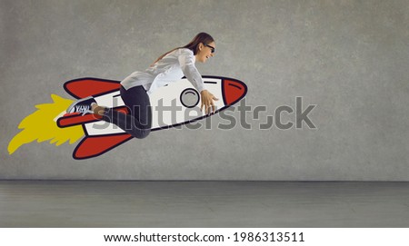 Believe in yourself. Funny excited crazy laughing teenage girl flying high up in sky riding modern hand drawn cartoon doodle space rocket with burning flame. Business success concept header, side view