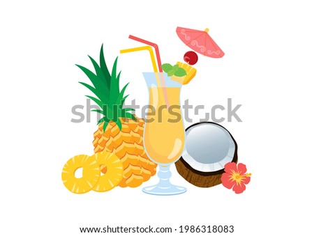 Tropical drink with pineapple and coconut fruit illustration. Refreshing decorated cocktail icons. Tropical Pina Colada cocktail clip art. Fancy fresh summer drink icon isolated on a white background