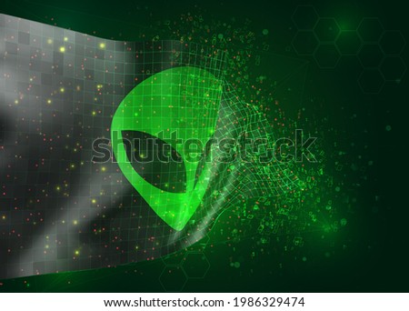 green alien from space on vector 3d flag on  background with polygons and data numbers