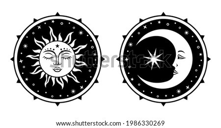 Sun and moon symbol. Celestial silhouette design. Esoteric astrology signs. Vector boho illustration. Monochrome print.