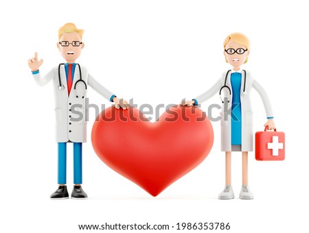 Cartoon doctors guarding a big red heart. Medical cardiology concept of health protection against heart attack and for a healthy heart. Health care3d illustration