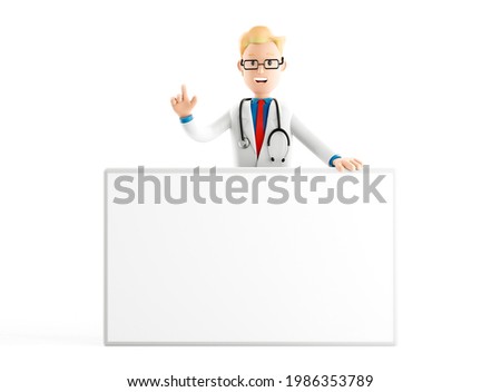 Smiling doctor cartoon guy character with big banner and place for text medical 3d illustration.
