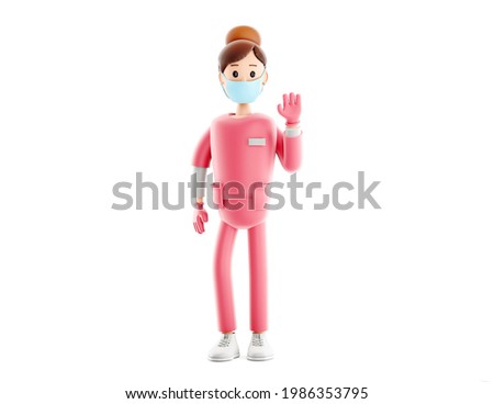 Cartoon doctor character posing welcoming you waving hand. Smiling handsome doctor medical 3d illustration.
