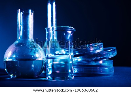 Test tubes flasks and petri dishes, laboratory glassware. Medicine and biological or chemical research, subject background blue tone