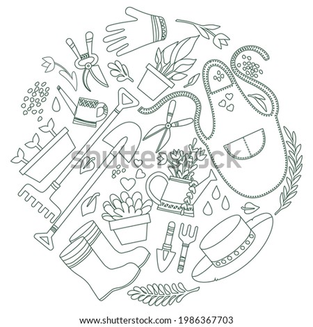 Set of tools and equipment for gardening. Vector doodle. Apron, shovel, dig, gloves, boots, hat, gardening, nippers, scissors. Elements for design, packaging, print, sticker, coloring book