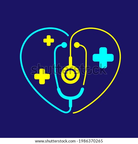 Logo Stethoscope in Heart love frame with cross icon, Medical doctor take care concept design illustration blue, yellow color isolated on dark blue background