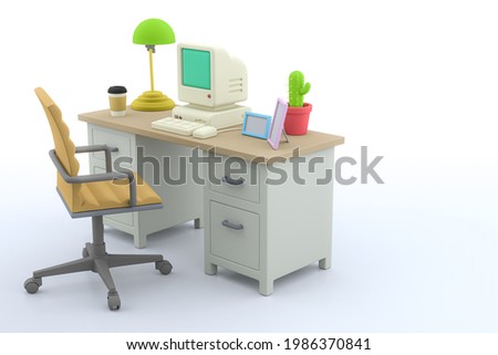 Office Room with Desk, Computer and Chair in White Background, 3d Rendering